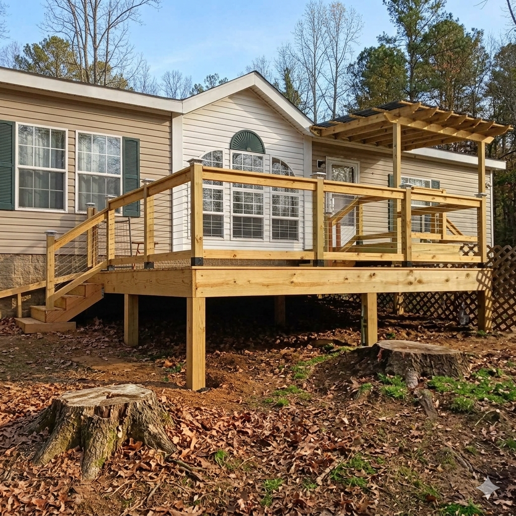After photo of a custom residential wood deck remodel by Bystone, featuring modern cable railings and a custom wood pergola entry in the Logan Martin Lake and Pell City area